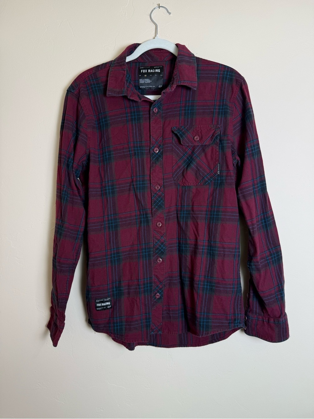Fox Racing Men’s Burgundy Plaid Flannel Button-Up Shirt